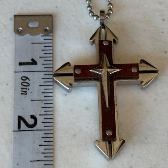 Unbranded Silver & Brown Cross Necklace w/Chain Stainless Steel 17" Height - Picture 8 of 9